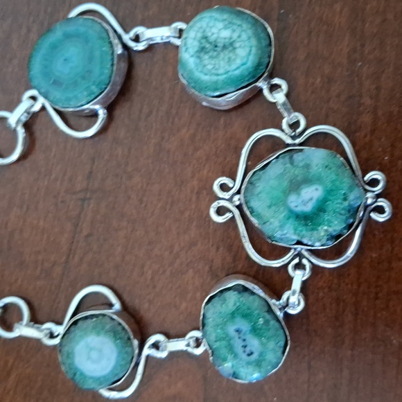 New Green Solar Slice Agate Geode 925 Silver Bracelet. - Picture 3 of 10
